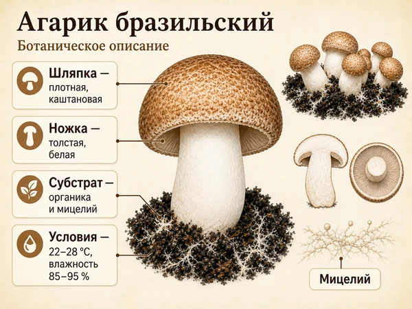 Ботаническое описание агарика бразильского